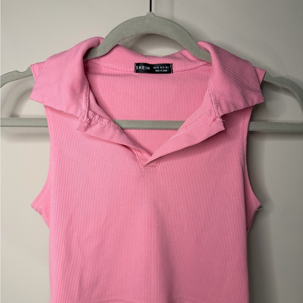 SHEIN Pink Ribbed Collared Top